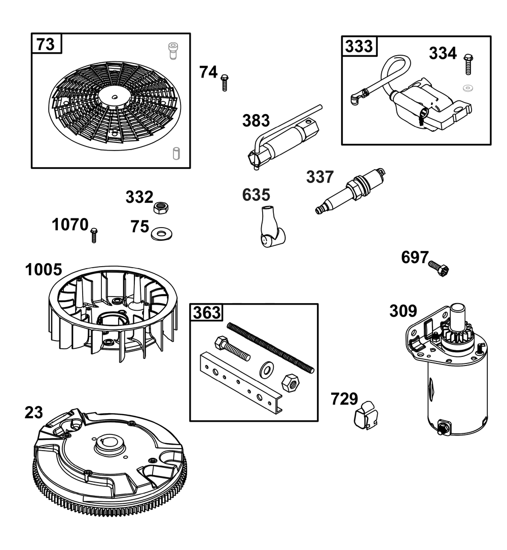 Flywheel, Ignition, And Starter Group Diagram and Parts List for 40N777-0010-B5 400000 - 699999 Briggs and Stratton Engine
